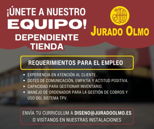 👋 ¡Buscamos dependiente/a para nuestro equipo en Jurado Olmo!
¿Te apasiona la atención al cliente y buscas un entorno dinámico? En Jurado Olmo seleccionamos a una persona entusiasta y responsable para incorporarse como dependiente/a de tienda en nuestras instalaciones de Pozoblanco.
📋 Requerimientos para el empleo
Para este puesto, valoramos especialmente las siguientes competencias:
Experiencia en atención al cliente: Capacidad para asesorar y resolver dudas con amabilidad.
Habilidades personales: Dotes de comunicación, empatía y una actitud positiva constante.
Gestión de almacén: Capacidad para gestionar inventario y mantener el orden de los productos.
Competencias digitales: Manejo de ordenador para la gestión de cobros y uso del sistema TPV.
📍 ¿Dónde nos encontramos?
Carretera de Añora, km 1.6, Pozoblanco (Córdoba).