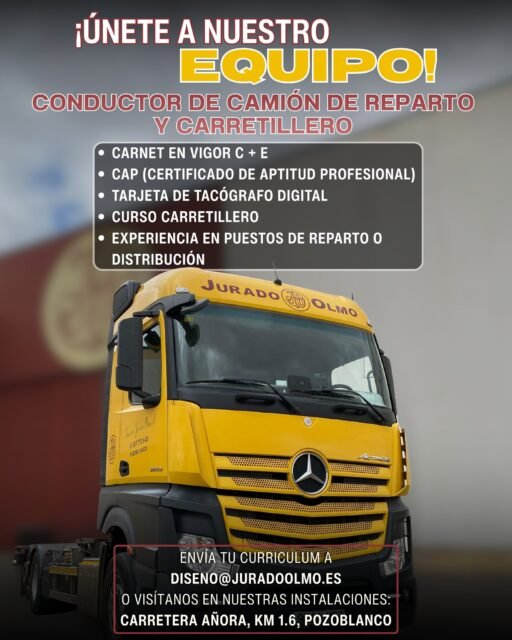 🚛 ¡Oportunidad laboral en Jurado Olmo! 🚛
Buscamos Conductor/a de Camión de Reparto y Carretillero/a.
📍 Requisitos:
• Carnet C + E (en vigor)
• CAP + Tarjeta de Tacógrafo Digital
• Curso de Carretillero
• Experiencia en reparto y distribución
✉️ ¿Te interesa? Envía tu CV a diseno@juradoolmo.es o tráelo en persona a nuestras instalaciones.
¡Inscríbete hoy mismo o comparte con quien pueda interesarle! 🙌
#Empleo #OfertaDeTrabajo #Conductor #Carretillero #Pozoblanco #Transporte