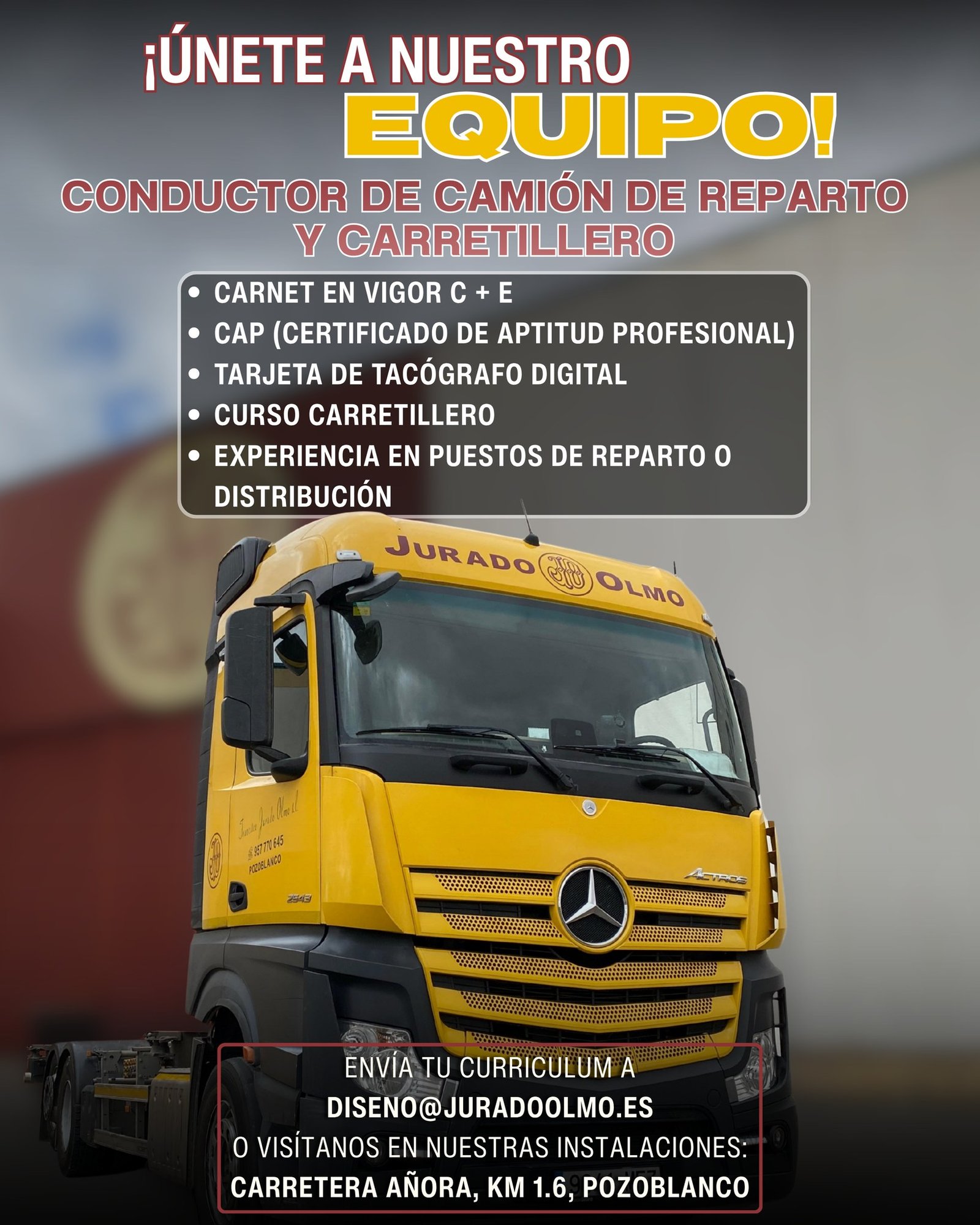 🚛 ¡Oportunidad laboral en Jurado Olmo! 🚛
Buscamos Conductor/a de Camión de Reparto y Carretillero/a.
📍 Requisitos:
• Carnet C + E (en vigor)
• CAP + Tarjeta de Tacógrafo Digital
• Curso de Carretillero
• Experiencia en reparto y distribución
✉️ ¿Te interesa? Envía tu CV a diseno@juradoolmo.es o tráelo en persona a nuestras instalaciones.
¡Inscríbete hoy mismo o comparte con quien pueda interesarle! 🙌
#Empleo #OfertaDeTrabajo #Conductor #Carretillero #Pozoblanco #Transporte